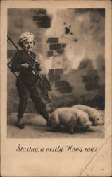 Chimney Sweep Walks With Two Pigs Postcard