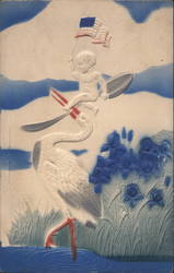 Baby Holding American Flag Sitting on Silver Spoon Held by a Stork Postcard
