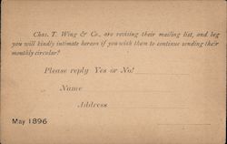 Charles T Wing &Co Mailing List Subscription Postcard