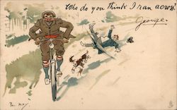 A Man Riding a Bicycle Being Chased by a Dog Postcard