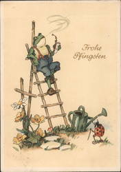 A frog on a ladder smoking a pipe, being approached by a ladybug with a cane Postcard