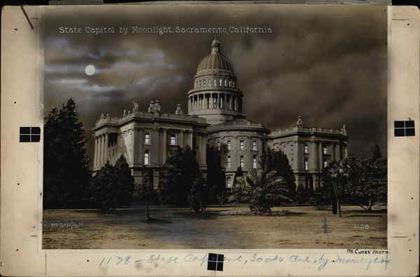 Rare Original Postcard Art - State Capitol by Moonlight 1138 Sacramento California