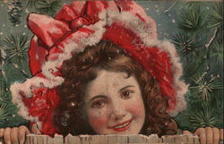 Girl in a Red Winter Bonnet Peeping over a Fence