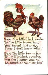 Red rooster with a cane and hen giving him a suspicious look