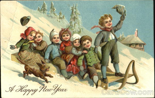 Children sledding down a hill New Year's