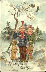Two boys and dog in snow Two boys and dog in snow