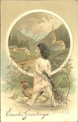 Little Girl with Rooster and Chicks