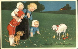 Children with dog, lamb and chicks