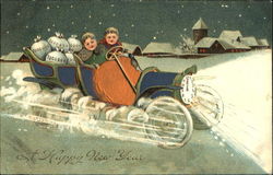 Two children in an old car with Money