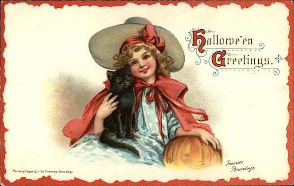 Halloween Greetings - Girl with Cat and Pumpkin Frances Brundage
