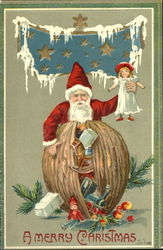Santa with bag of presents holding a doll
