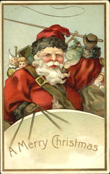 Santa riding in sleigh with a bag of toys