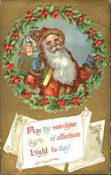 Santa with toys, framed by a wreath