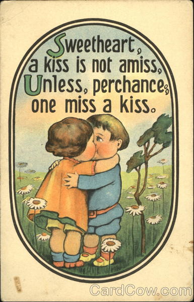 Cartoon of a boy kissing a girl Children