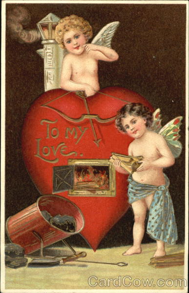 Two cupids burning books Vintage Postcard
