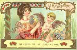 Pretty woman with kneeling Cupid and basket of flowers