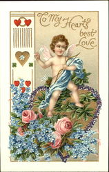 Cupid sitting atop a flower heart with flower at bottom