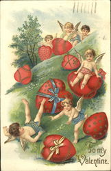 Cupids with hearts in ribbons