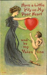 Cupid aiming to kick a heart held by a pretty woman
