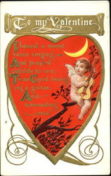 Cupid playing guitar under moon