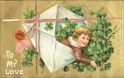 Little Boy Comin Out of an Envelope Holding Clover Postcard