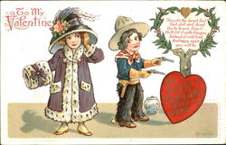 Girl in fur edged coat, child in cowboy suit