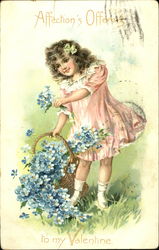 Girl in Pink Dress with Basket of Blue Flowers