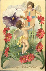 Boy cupid, with heart and arrow, courtine girl cupid