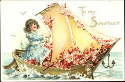 Girl in small sailboat, red flowers