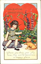 Girl and Cat Sitting by Flower Garden with Big Heart