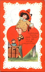 Girl sitting on heart with doll, umbrella, suitcase(?)