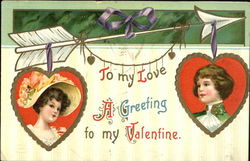 Girl's face in heart, boy's face in heart, arrow through ribbons holding hearts