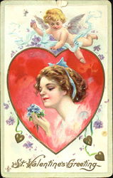 Woman smellling flowers with cupid on top