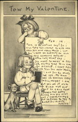 Boy sitting down with slate, girl looking over note at him, dog
