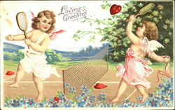 Cupid playing tennis