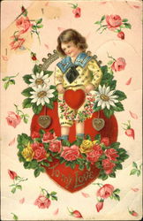 Young boy in sailor suit with flowers on heart