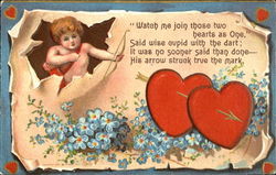 Male cupid shooting a arrow through two red hearts
