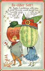 Man with red apple head, woman with green cantaloupe head