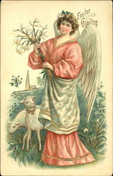 Angel holding lilies on hillside with two lambs