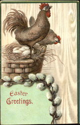 Two roosters, next with eggs, pussy willows