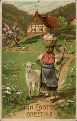 Bunny Farm Girl With Lamb and Basket of Eggs