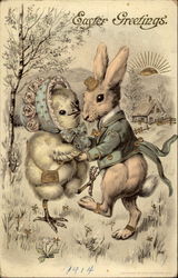Chick and bunny dancing together
