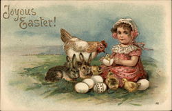 Baby Girl With Bunnies, Hen, Chicks and Eggs