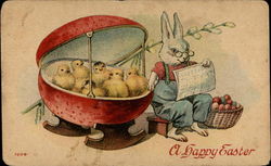 Rabbit Rocking Chicks in an Egg Shaped Cradle