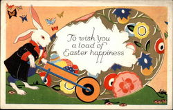 Bunny hauling a large egg in wheel barrow