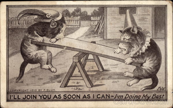 Cats in Hats on a See Saw Antique Postcard