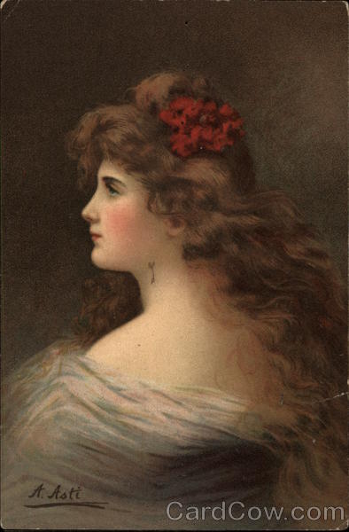 Portrait of Woman with Red Flower in Hair A. Asti Women