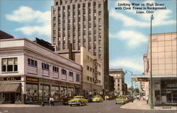 Looking West on High Street with Cook Tower in Background Lima, OH Postcard Postcard