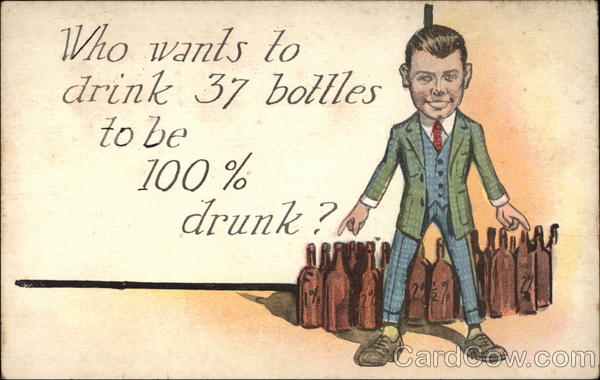 Who Wants To Drink 37 Bottles To Be 100% Drunk ? Vintage Postcard
