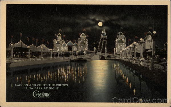 Lagoon and Chute the Chutes, Luna Park at Night Antique Postcard